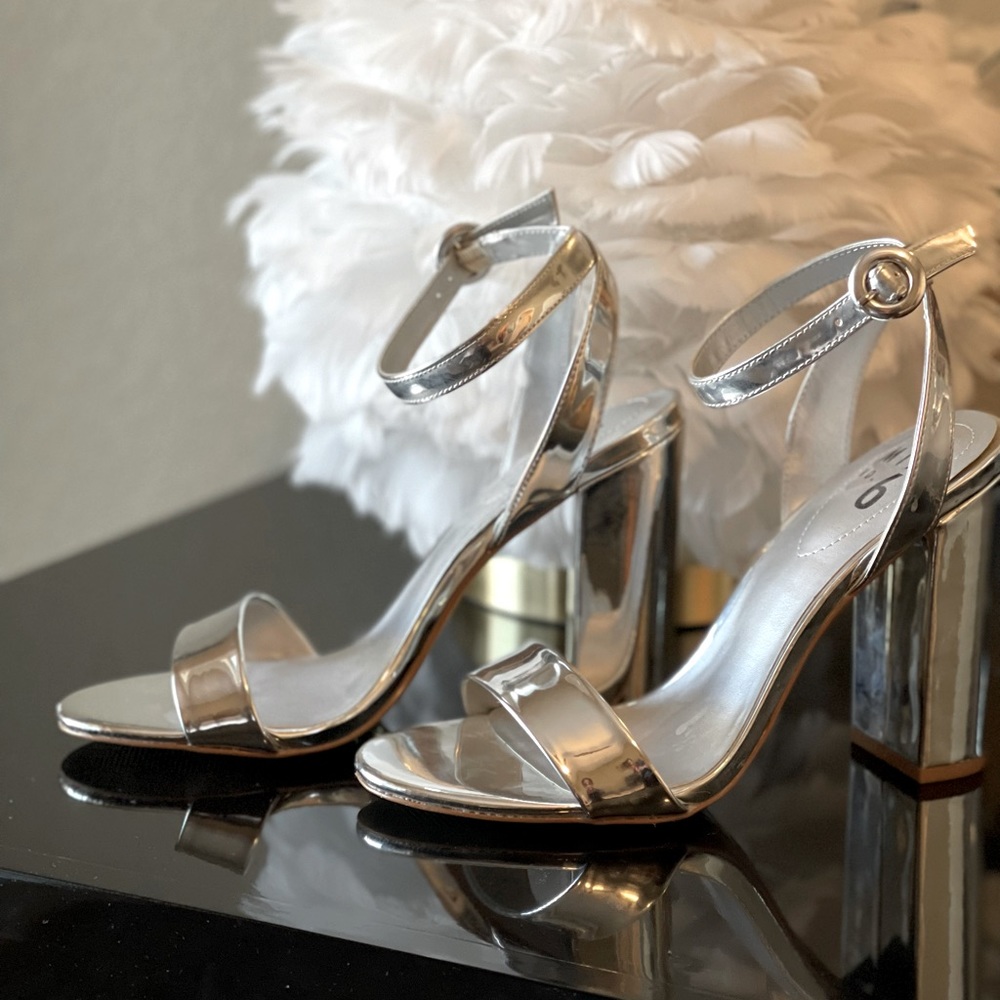Mix No 6. silver block heel with ankle strap.